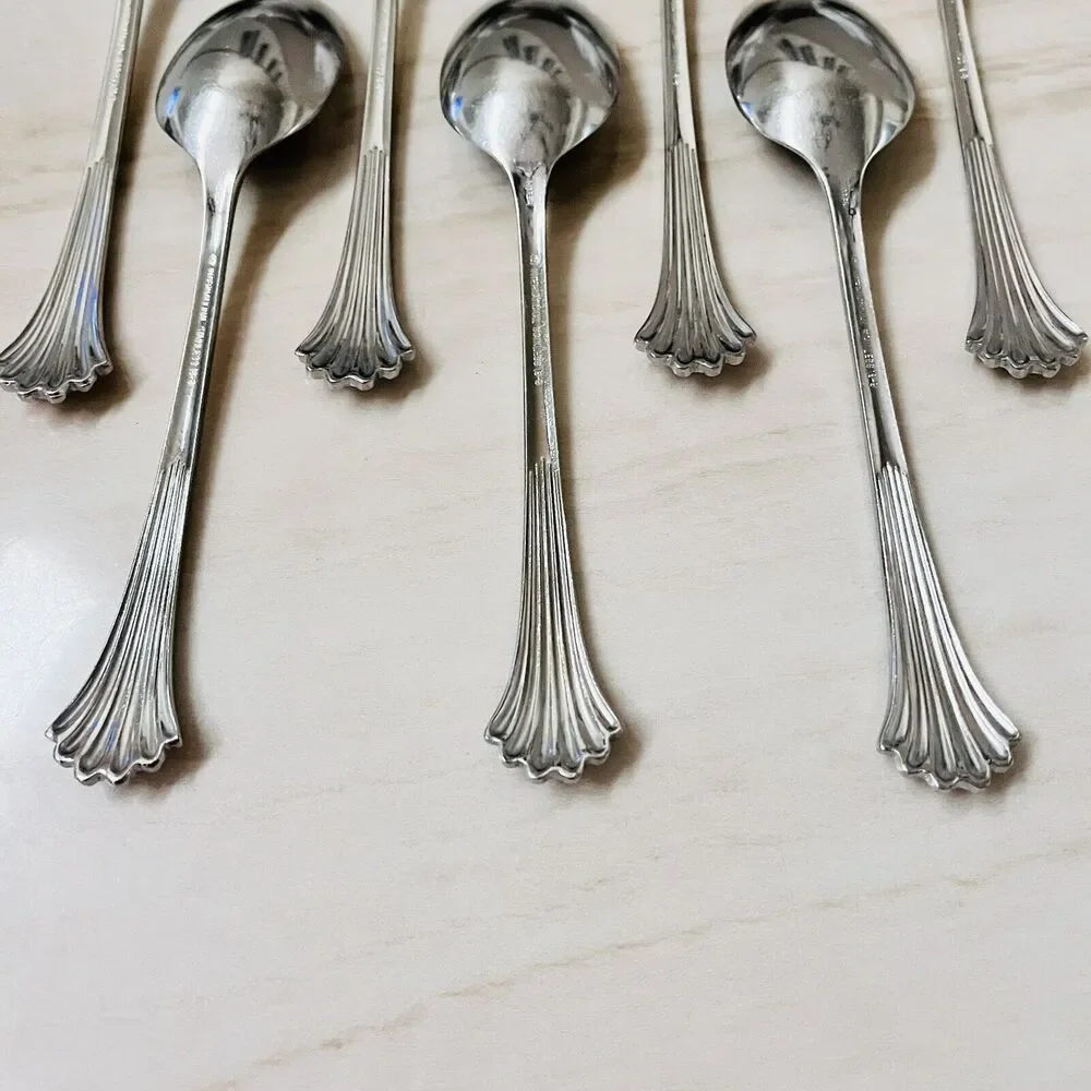 7pc INTERNATIONAL Tiara Soup Spoon Stainless 18/8Fan Ribbed/Ridges Glossy Korea